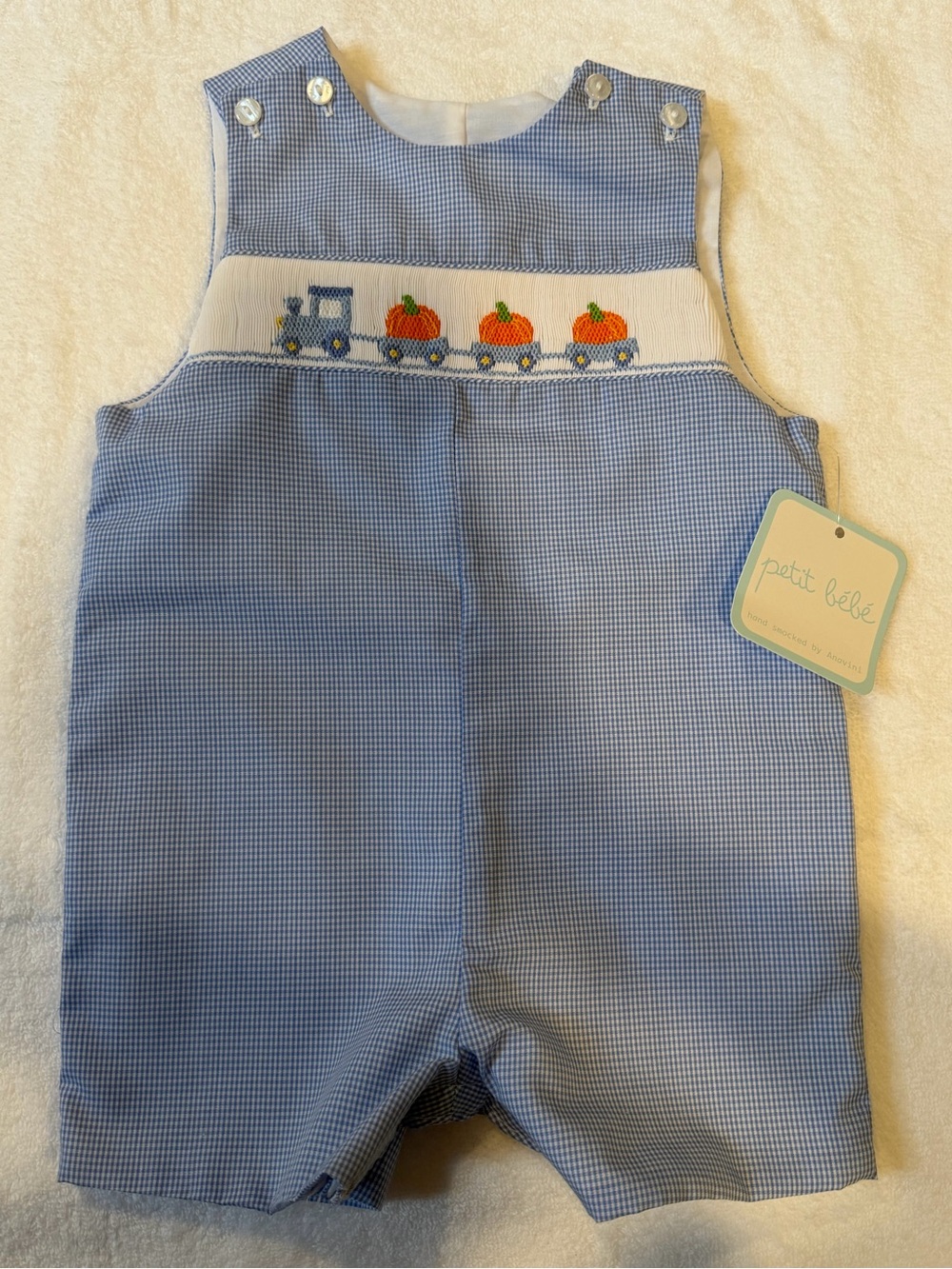 Petit Bebe Blue Gingham Pumpkin Train Baby One-Piece